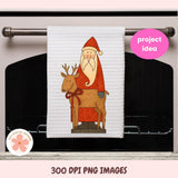 Towel with Santa and reindeer design hanging on a towel rack, with 'project idea' text and '300 DPI PNG IMAGES' text.