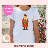 White t-shirt with a Santa Claus design held by a child, with decorative elements in the background.