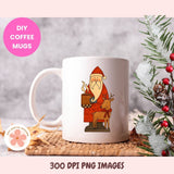 White mug with Santa Claus design holding a mug, surrounded by Christmas decorations.