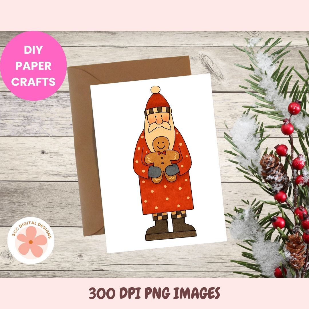 Santa Claus paper craft with a gingerbread man on a white card with a brown envelope, Christmas decorations on a wooden surface.