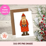 Santa Claus paper craft with a gingerbread man on a white card with a brown envelope, Christmas decorations on a wooden surface.