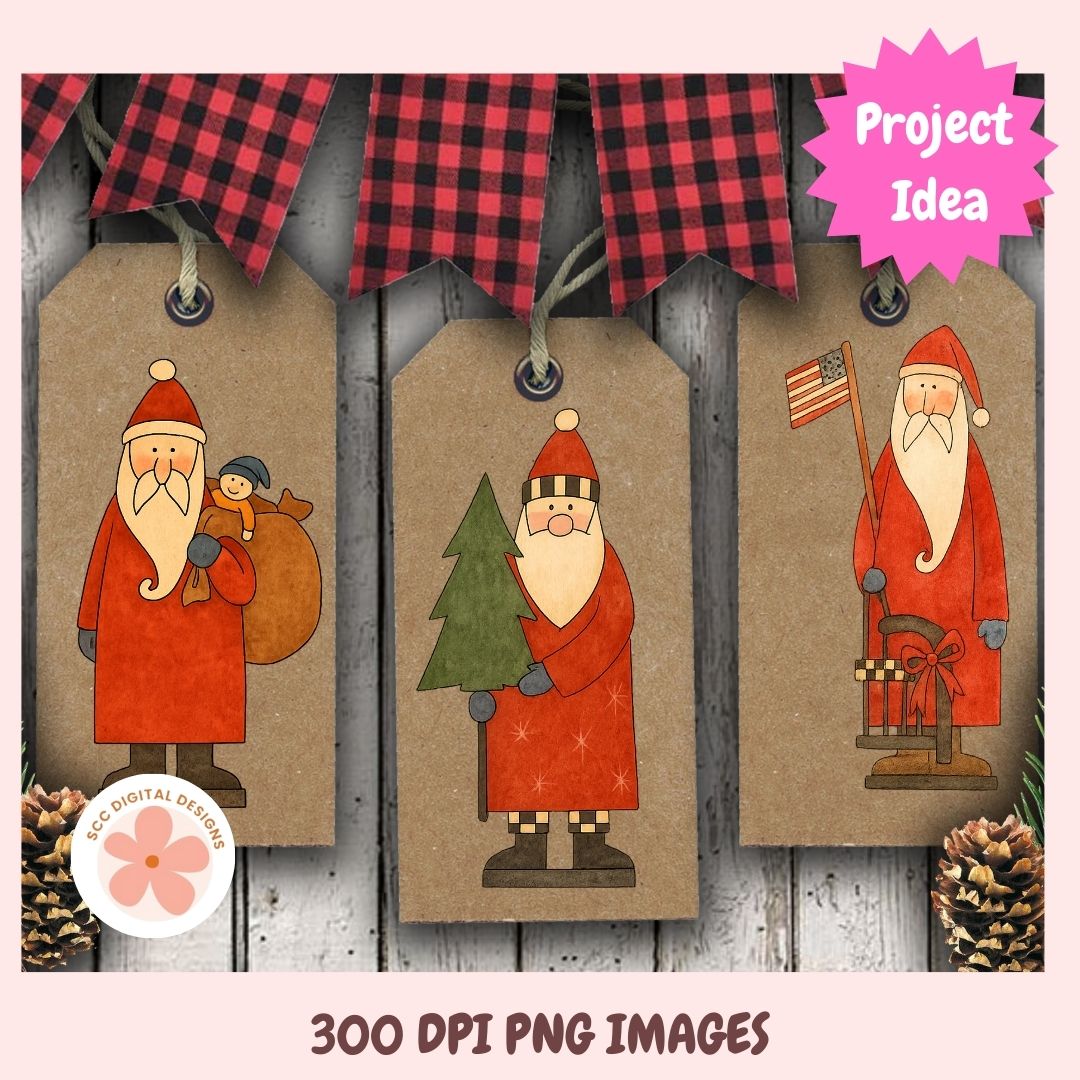 Three Christmas-themed gift tags with Santa Claus illustrations on a wooden background.
