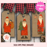Three Christmas-themed gift tags with Santa Claus illustrations on a wooden background.