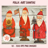 Three folk-art Santas with decorative items on a wooden background