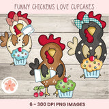 Three cartoon chickens with cupcakes on a wooden background, featuring the text 'Funny Chickens Love Cupcakes'.