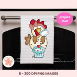 Towel with cartoon chicken holding a cupcake on an oven door, labeled 'project idea'.
