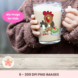 Glass mug with a cartoon rooster design held by a person wearing a brown sweater.