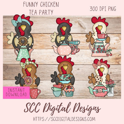 Funky Chicken Tea Party PNG 6 designs in 300 dpi png format