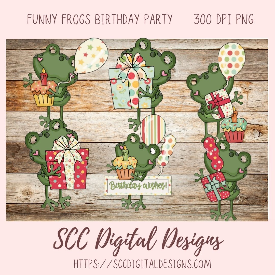 Funny Frogs PNG, Birthday Party Clipart, Presents, Balloons, & Cupcake Clip Art, DIY Greeting Cards for Mom, Party Decor for Kids