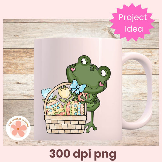 Mug with a cartoon frog holding an Easter basket on a wooden surface, labeled 'Project Idea' and '300 dpi png'.