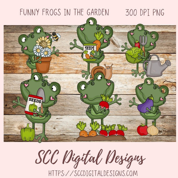 Funny Frogs Clipart, Dancing Gardening Frog, Veggies, Flower, Gardening Tools, Seeds for DIY Cute Stickers for Kids Frog PNG for Sublimation