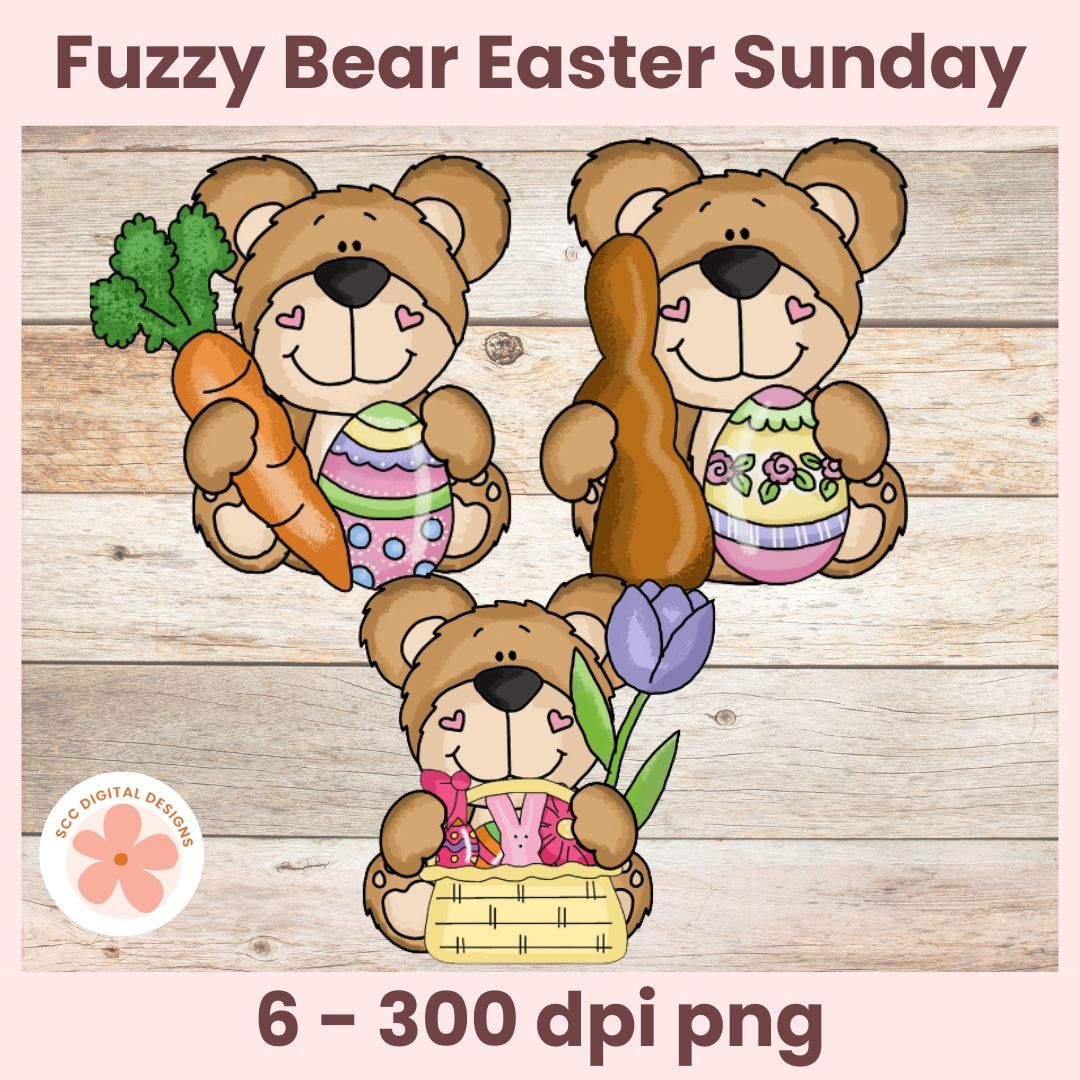 Three cartoon bears with Easter items on a wooden background, labeled 'Fuzzy Bear Easter Sunday'.