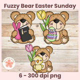 Three cartoon bears with Easter items on a wooden background, labeled 'Fuzzy Bear Easter Sunday'.
