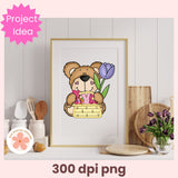 Framed illustration of a teddy bear with a basket of flowers on a shelf.