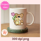 Mug with a design of a bear holding a chick and a tulip on a wooden surface.