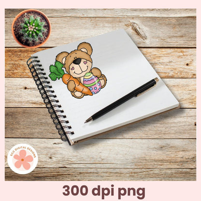 Notebook with a drawing of a bear holding a carrot on a wooden surface, featuring a small cactus plant.