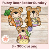 Three cartoon bears with Easter items on a wooden background, labeled 'Fuzzy Bear Easter Sunday'.