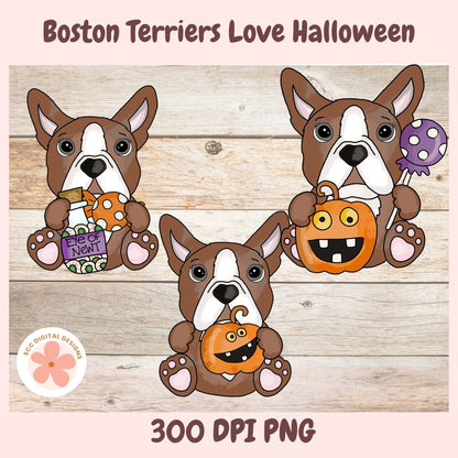 Digital graphic design file preview featuring three cartoon Boston Terrier dogs dressed in Halloween costumes, holding a bag of chips, a pumpkin, and a lollipop, on a light wood plank background with text reading 'Boston Terriers Love Halloween' and '300 DPI PNG'.
