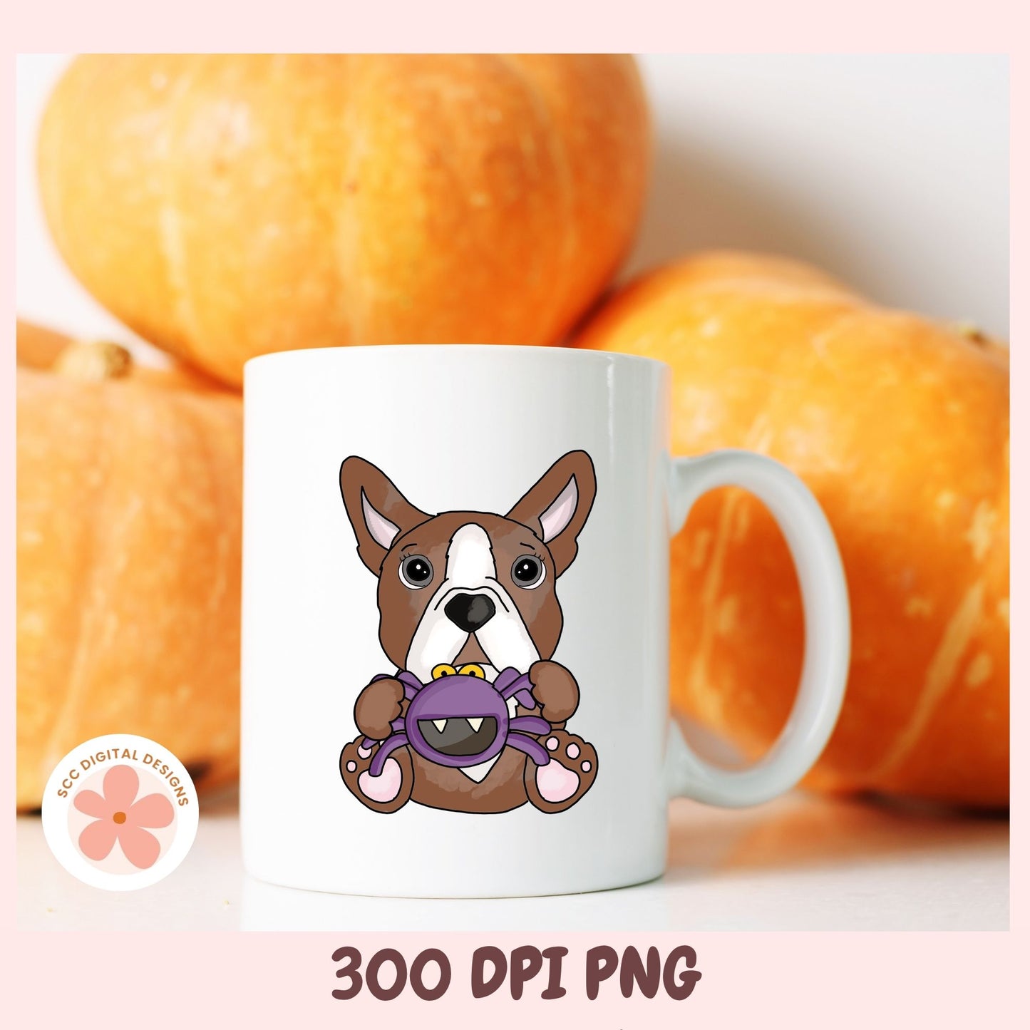 A white ceramic mug with a cartoon Boston Terrier holding a purple toy, set against a background of orange pumpkins. The text '300 DPI PNG' is displayed at the bottom, and a 'KCC Digital Designs' logo is on the bottom left.
