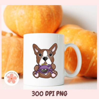 A white ceramic mug with a cartoon Boston Terrier holding a purple toy, set against a background of orange pumpkins. The text '300 DPI PNG' is displayed at the bottom, and a 'KCC Digital Designs' logo is on the bottom left.
