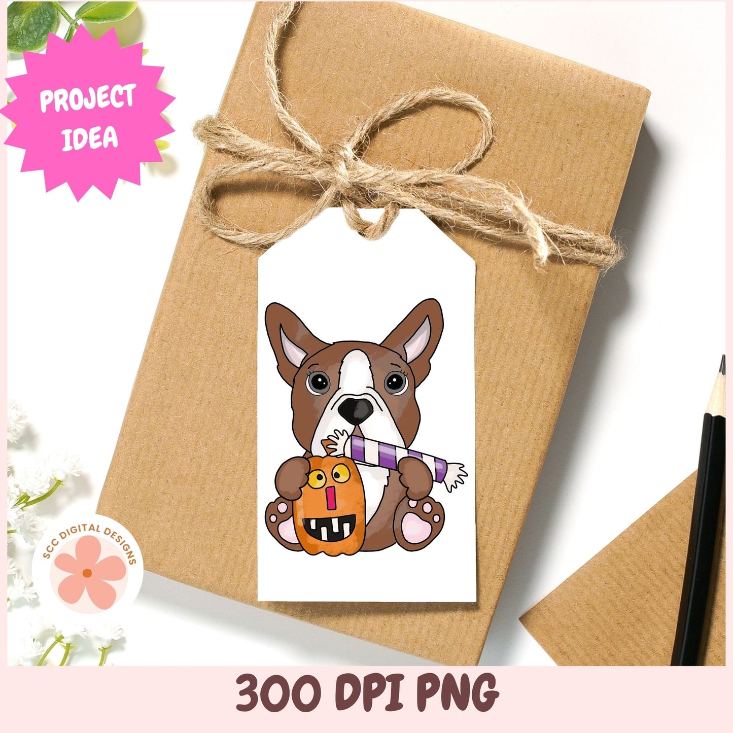 A styled flat-lay mockup of a brown kraft paper gift box tied with twine, featuring a white gift tag with a cartoon illustration of a brown and white dog holding an orange pumpkin. The image includes decorative elements, a pink 'PROJECT IDEA' badge, a circular 'ECO DIGITAL DESIGN' logo, and text at the bottom reading '300 DPI PNG'.