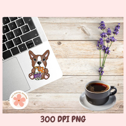 A digital mockup showing a cute cartoon French Bulldog sticker holding a basket of flowers, applied to the back of a silver laptop. The scene is styled on a light wood background alongside a cup of coffee, lavender flowers, and a circular logo for 'SEO Digital Designs'.