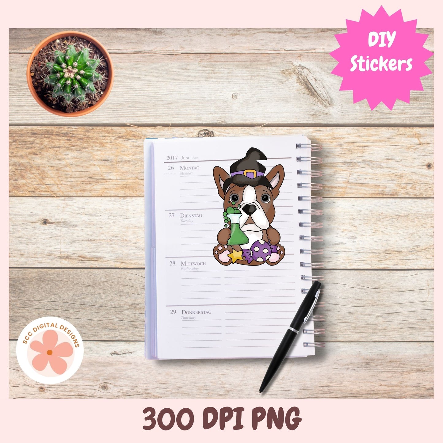 A spiral-bound planner page featuring a cute cartoon dog dressed as a witch holding a green potion, styled on a light wood background with a black pen, a small cactus pot, and promotional badges reading 'DIY Stickers' and '300 DPI PNG'.