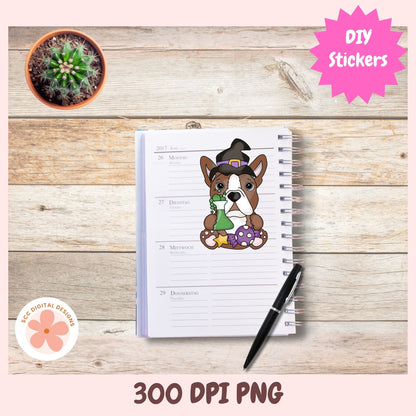 A spiral-bound planner page featuring a cute cartoon dog dressed as a witch holding a green potion, styled on a light wood background with a black pen, a small cactus pot, and promotional badges reading 'DIY Stickers' and '300 DPI PNG'.