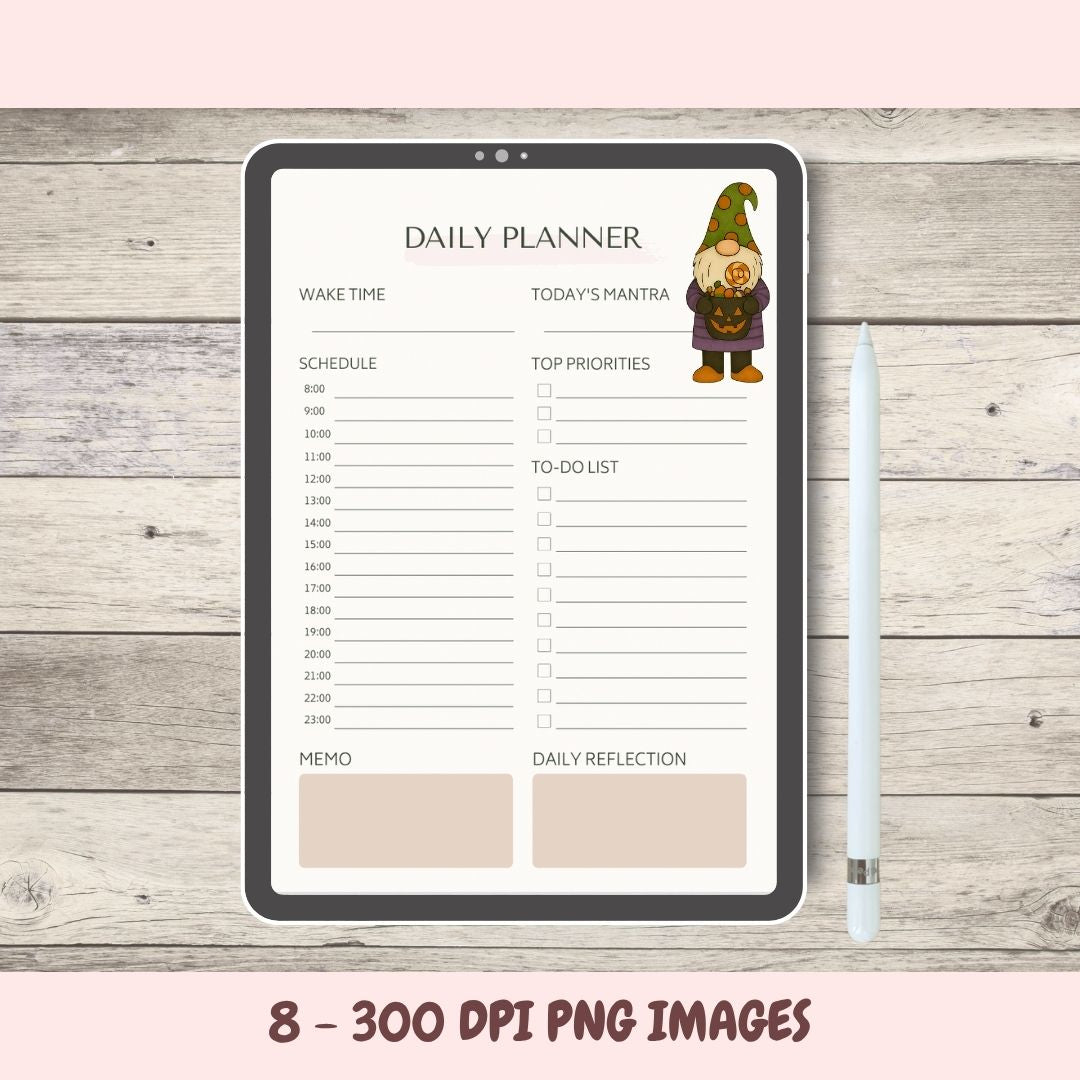 Digital daily planner on a tablet with a pen on a wooden surface, featuring a character illustration.