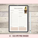 Digital daily planner on a tablet with a pen on a wooden surface, featuring a character illustration.