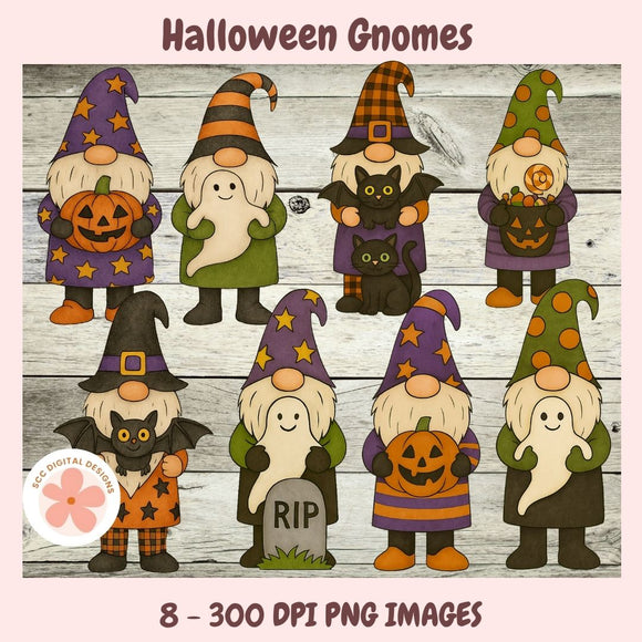 Set of Halloween-themed gnomes on a wooden background with 'HCC Digital Design' logo.