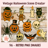 Vintage Halloween-themed clipart set on a wooden background with text indicating '96 retro PNG images'.