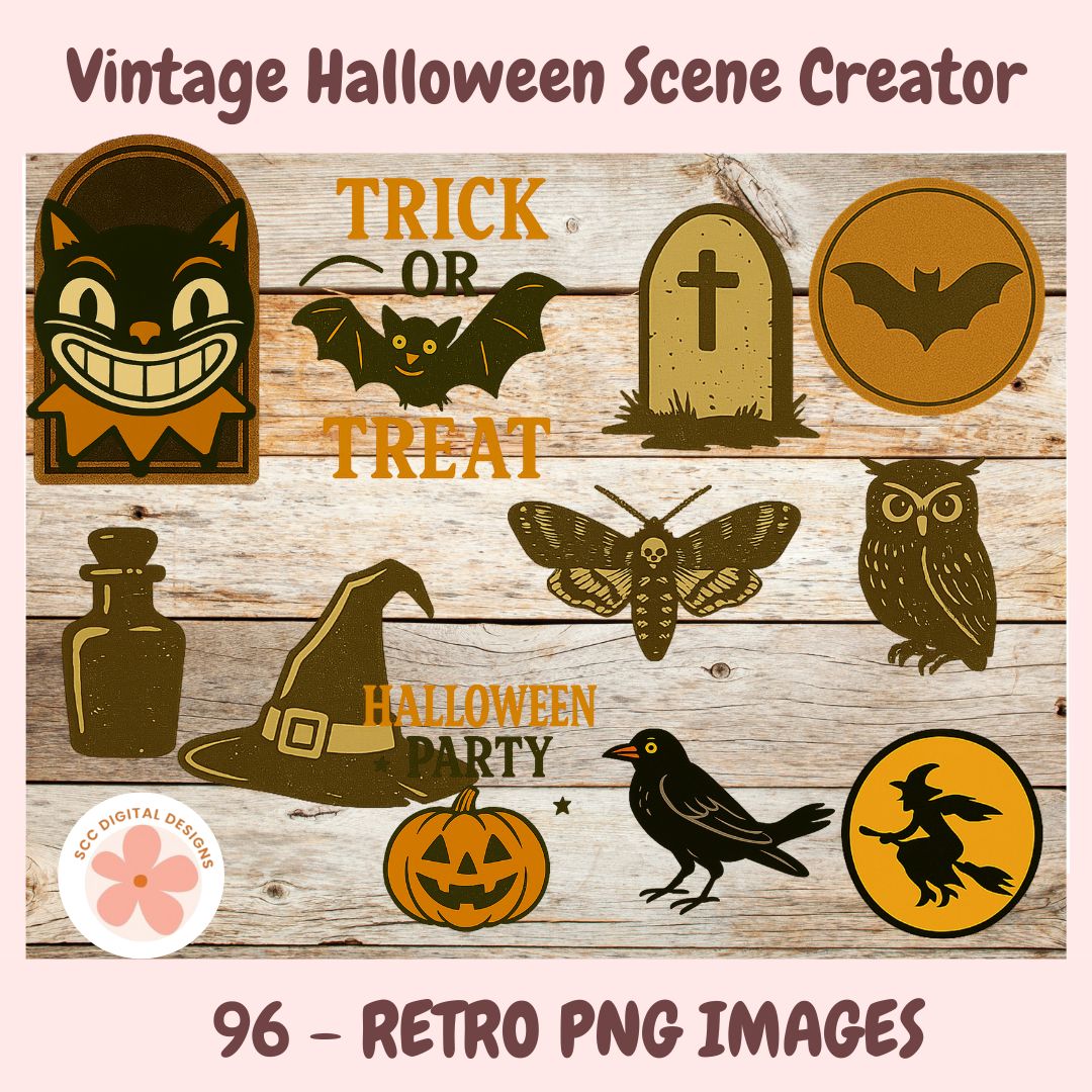 Vintage Halloween-themed icons and graphics on a wooden background with text 'Vintage Halloween Scene Creator'.