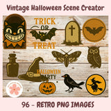 Vintage Halloween-themed icons and graphics on a wooden background with text 'Vintage Halloween Scene Creator'.