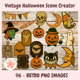 Vintage Halloween-themed clipart set on a wooden background with text indicating 96 retro PNG images.