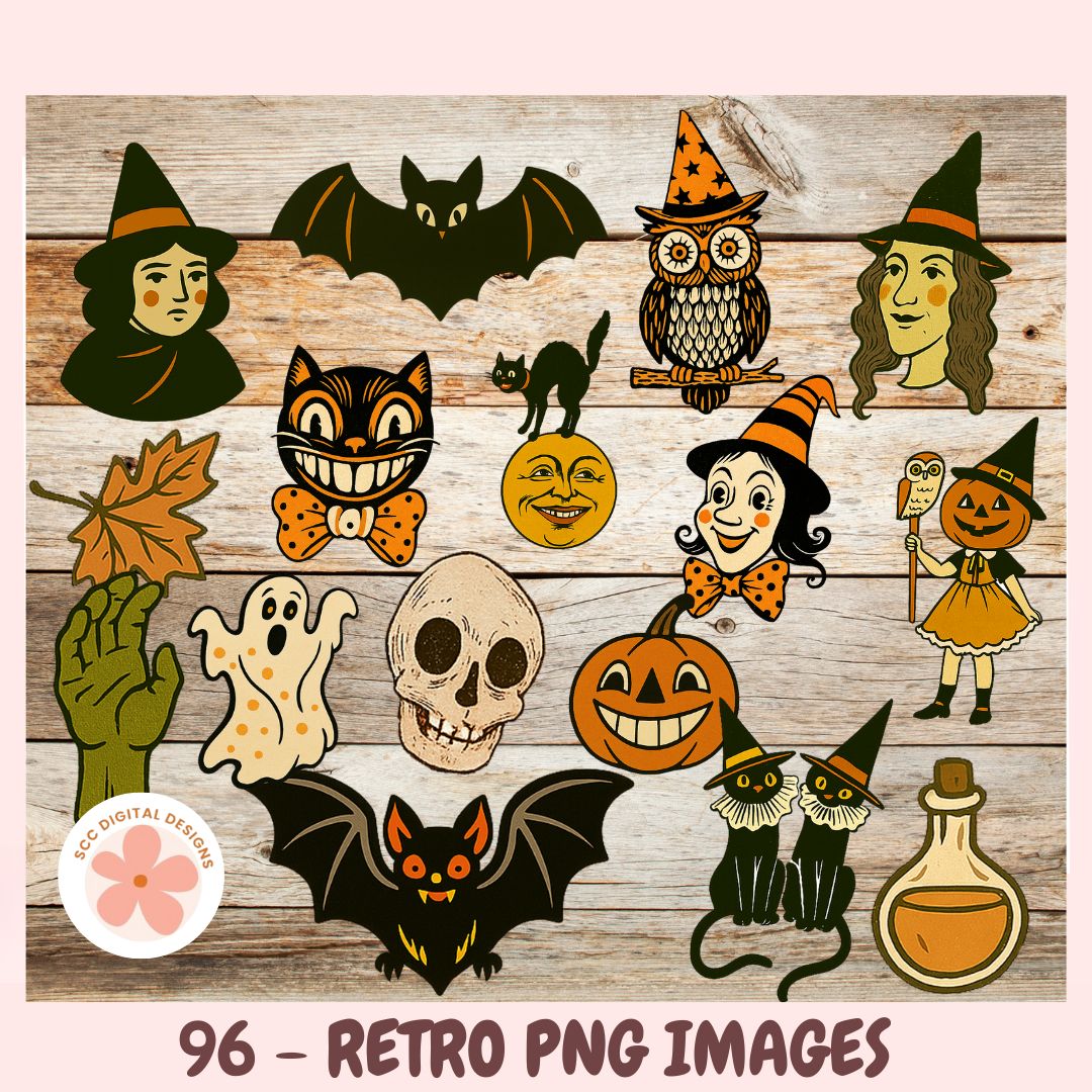 Collection of Halloween-themed retro PNG images on a wooden background with a brand logo.