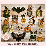 Collection of Halloween-themed retro PNG images on a wooden background with a brand logo.