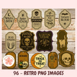 Collection of vintage-style labels with Halloween-themed designs on a wooden background.