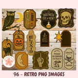 Collection of retro-style labels and icons with Halloween-themed designs on a wooden background.
