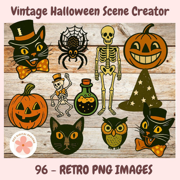Vintage Halloween-themed clip art set on a wooden background with text indicating '96 Retro PNG Images'.