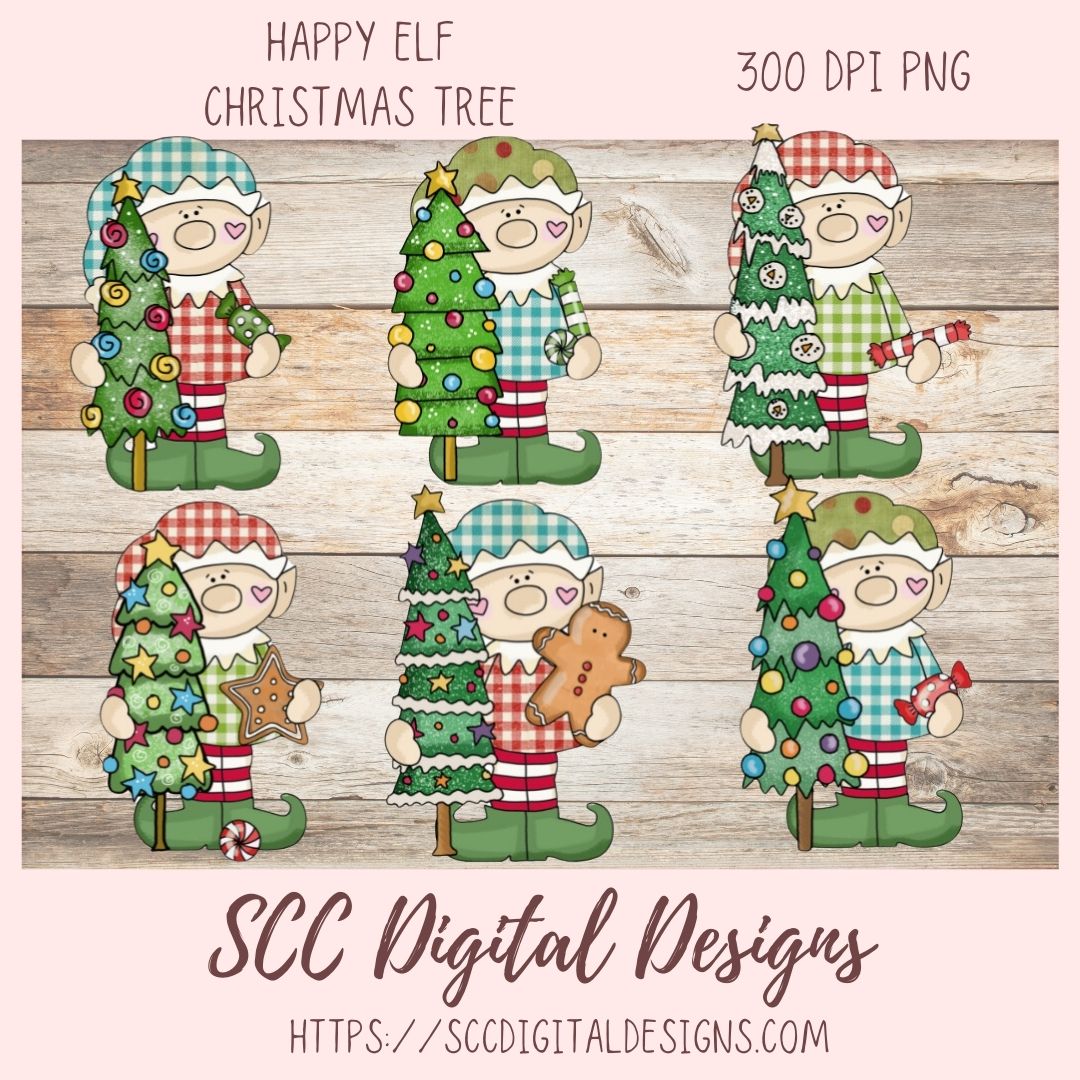 Christmas Elves Clipart, Trees Candy Gingerbread Cookie Clip Art for Sublimation, Happy Elf PNG for Stickers for Kids and Paper Crafting