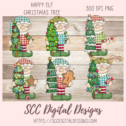 Christmas Elves Clipart, Trees Candy Gingerbread Cookie Clip Art for Sublimation, Happy Elf PNG for Stickers for Kids and Paper Crafting