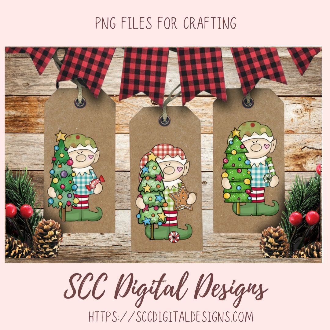 Christmas Elves Clipart, Trees Candy Gingerbread Cookie Clip Art for Sublimation, Happy Elf PNG for Stickers for Kids and Paper Crafting