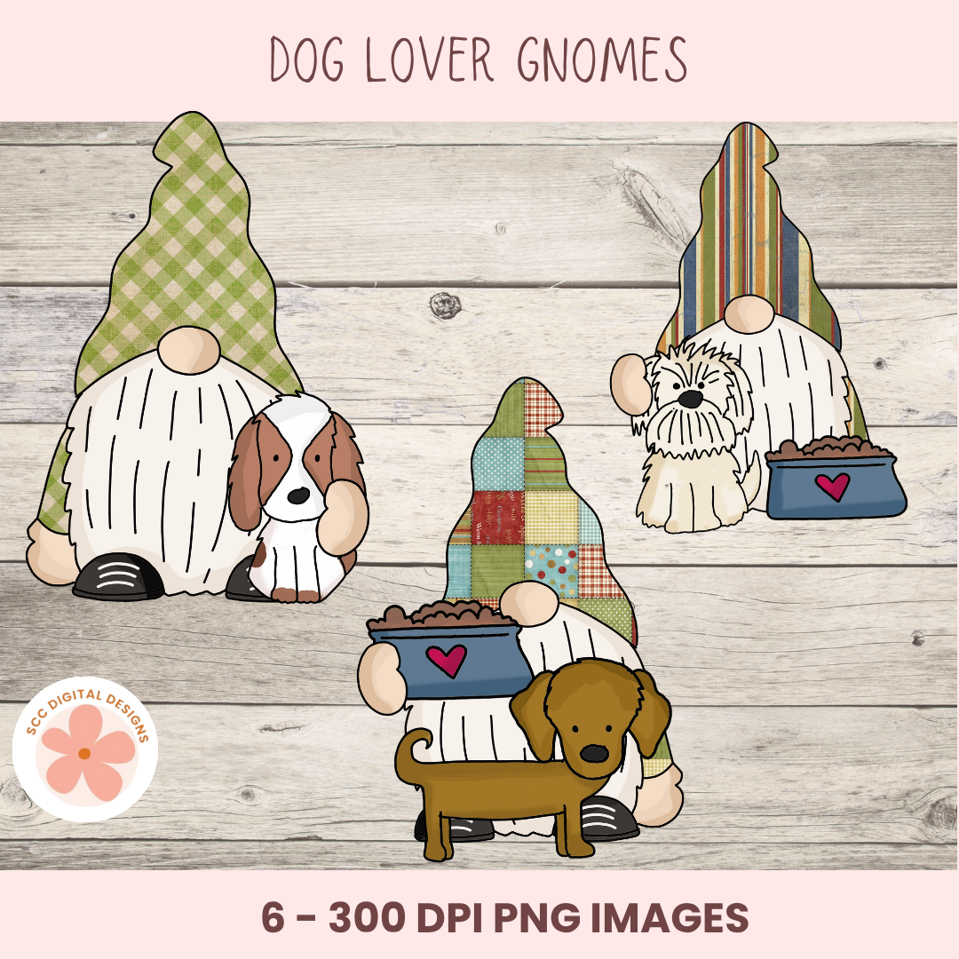 Dog lover gnomes with dogs on a wooden background, featuring the brand 'Roc Digital Designs'.