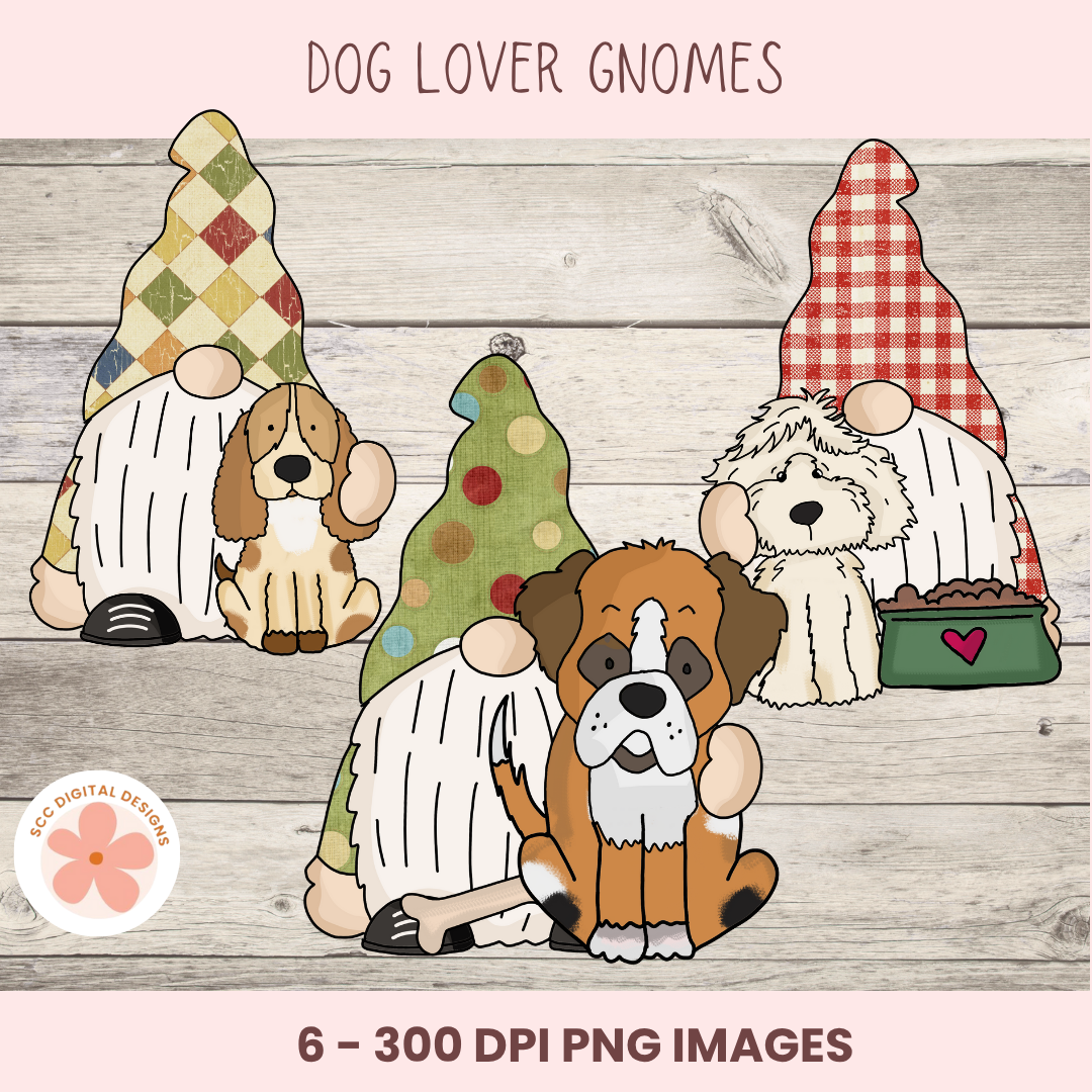 Dog-themed gnomes with a wooden background, featuring 'Dog Lover Gnomes' text.