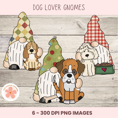 Dog-themed gnomes with a wooden background, featuring 'Dog Lover Gnomes' text.