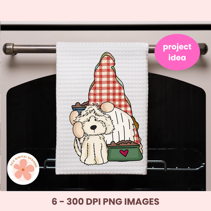 Towel with a gnome and dog design hanging on an oven handle, labeled 'project idea'.
