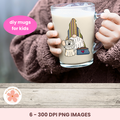Glass mug with a design of a gnome and dog, held by a person wearing a brown sweater.
