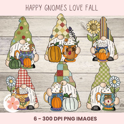 A digital preview sheet showing six autumn gnome illustrations arranged on a light wood plank background, with the text 'HAPPY GNOMES LOVE FALL' at the top and '6 - 300 DPI PNG IMAGES' at the bottom. The gnomes wear patterned hats and hold pumpkins, flowers, and fall-themed props.