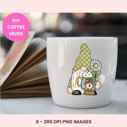 A white ceramic coffee mug with a cute cartoon gnome holding a daisy, shown on a light surface with an open book in the background. A pink circular badge reads 'DIY COFFEE MUGS' and text at the bottom says '6 - 300 DPI PNG IMAGES'.